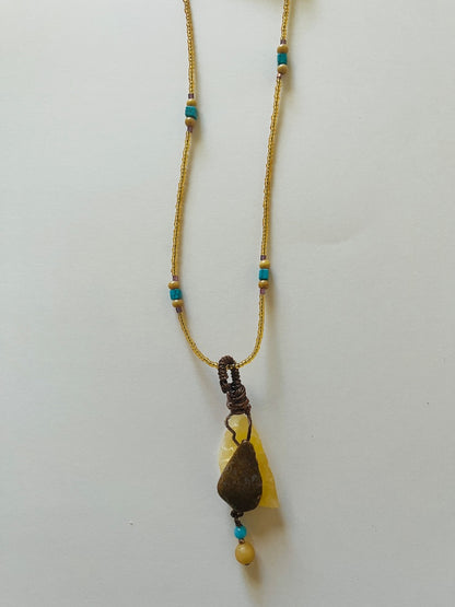 15" Glass Bead with Turquoise Necklace. Copper wired Calcite and Jasper. Jewelry