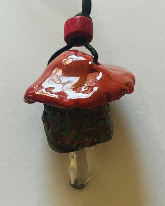17" Cord, Red Wood Bead attached to a Kiln Fired Ceramic Mushroom with Quartz Crystal. Jewelry