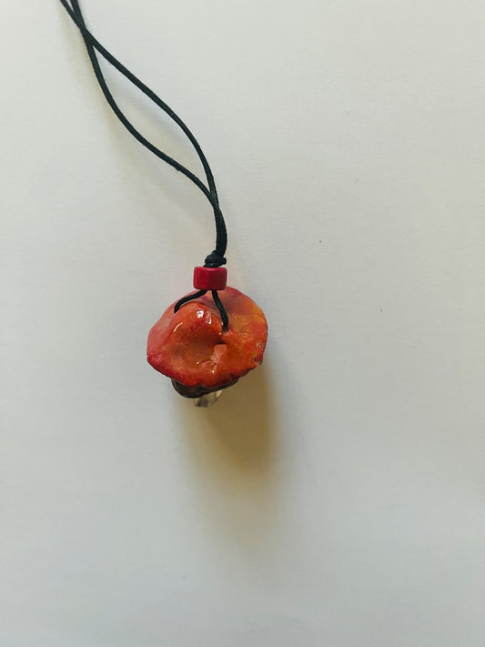 17" Cord, Red Wood Bead attached to a Kiln Fired Ceramic Mushroom with Quartz Crystal. Jewelry
