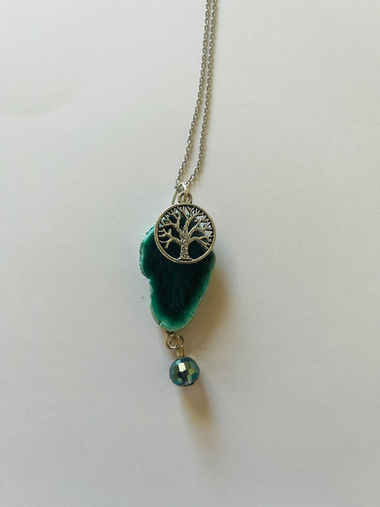 12" Chain, Green Geode Slice, Glass Bead & Tree. Jewelry