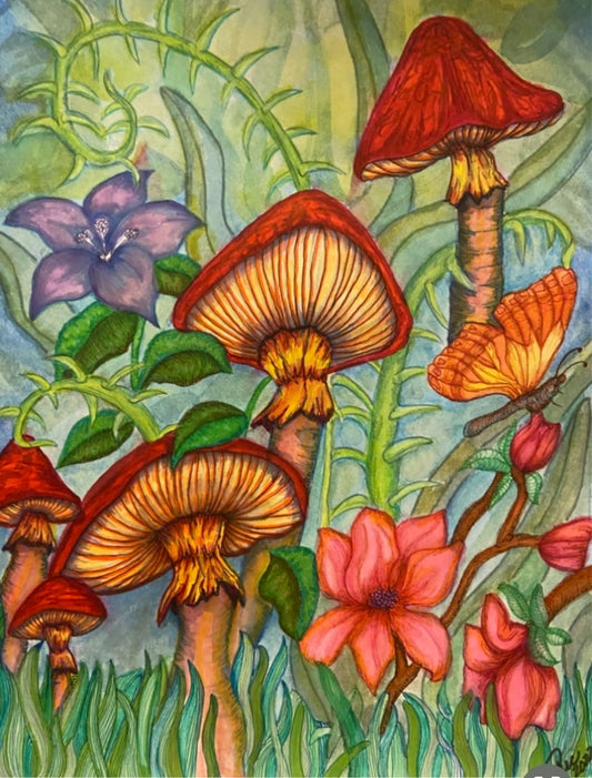Amanita mushrooms growing with purple flowers and a butterfly Print, 5x7