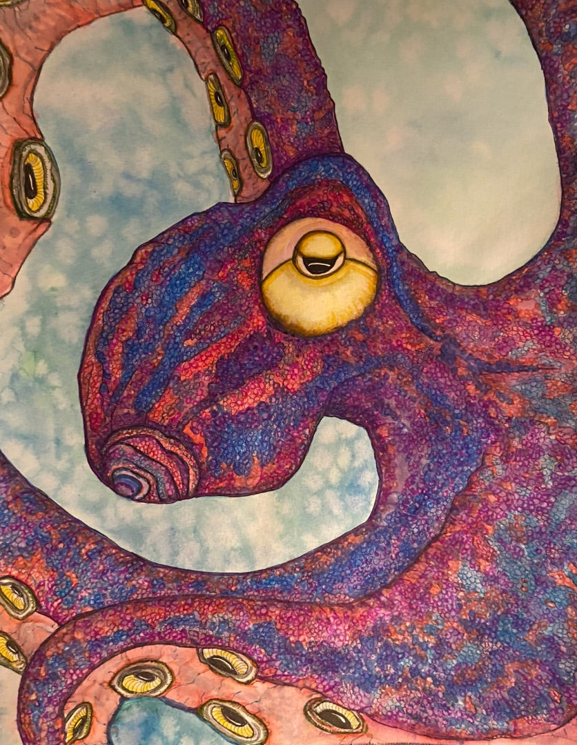 Pink and blue octopus print. Original was created with watercolors and ink. Print, 8x10