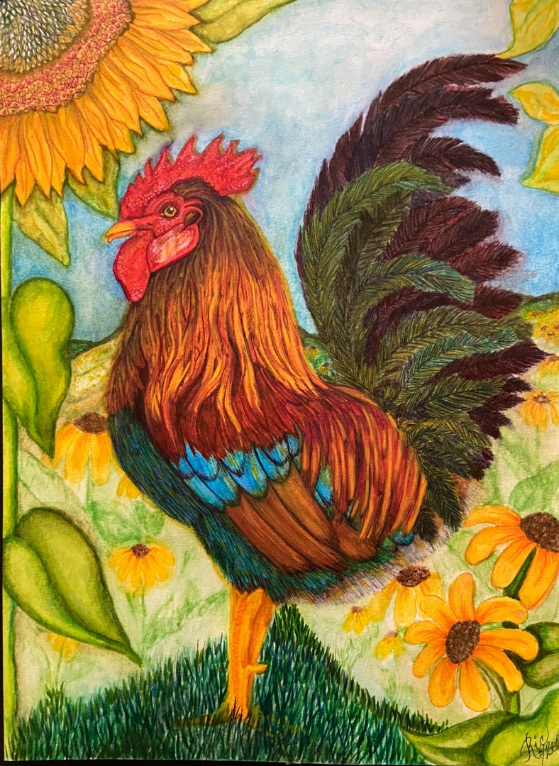 Morning Rooster Original was created with watercolors and ink Print, 11x14