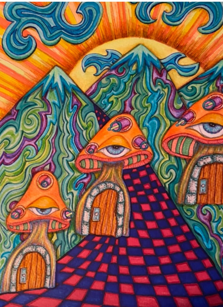 Mushroom Houses. Original was created with acrylic paint and ink. Print, 8x10