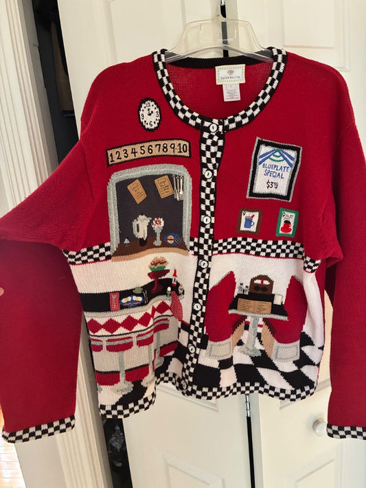 Vintage Susan Bristol diner-themed cardigan, L