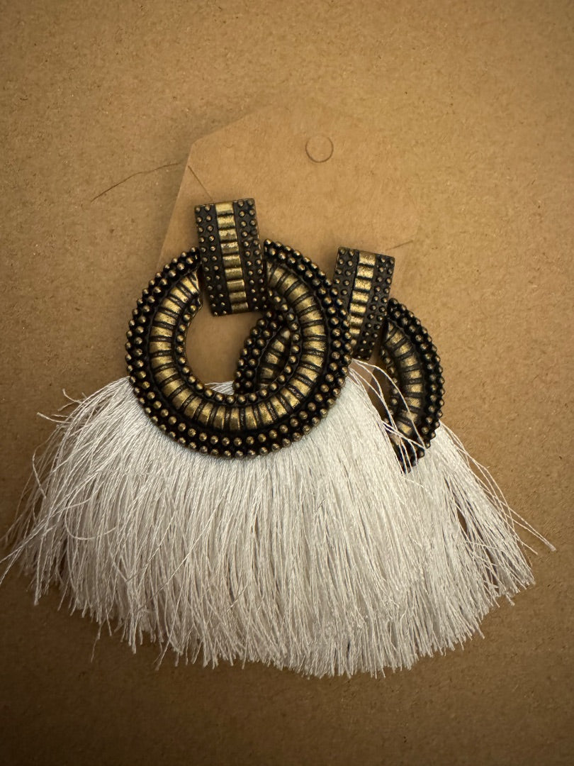 Bronze white fringe stud earrings