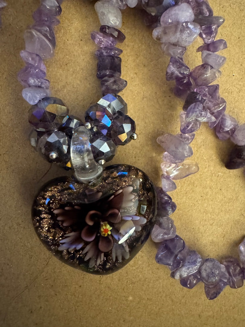 Amethyst stone w/Glass Heart necklace