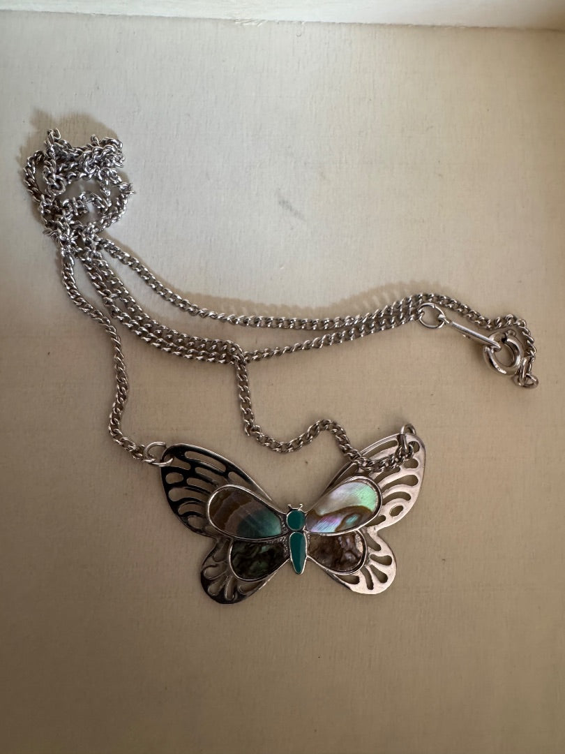 Butterfly Abalone silvertone necklace