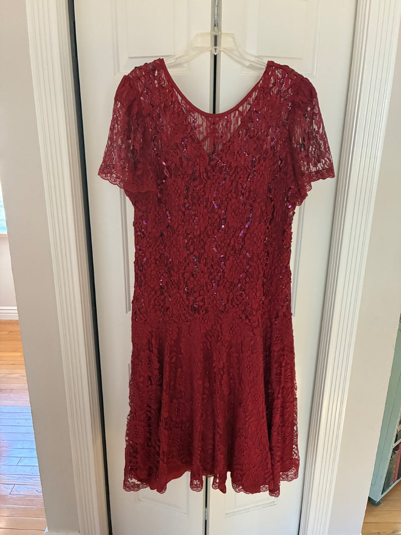80s red lacy sequined party dress, XL