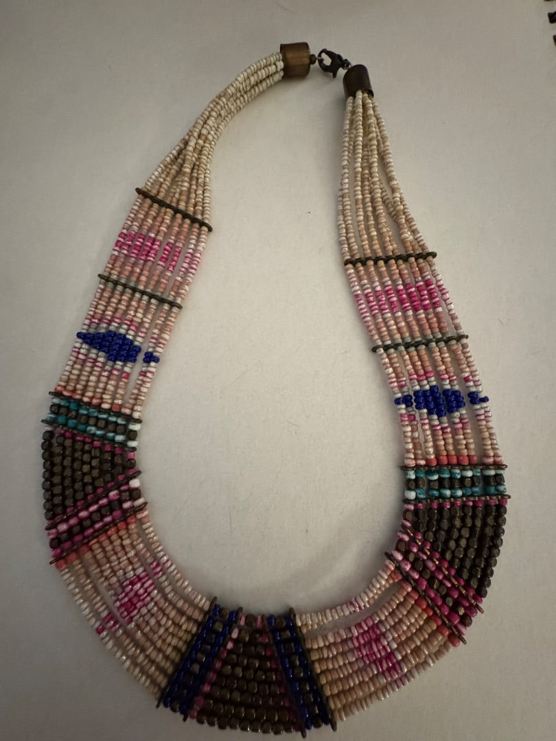 Multi tan blue red choker necklace