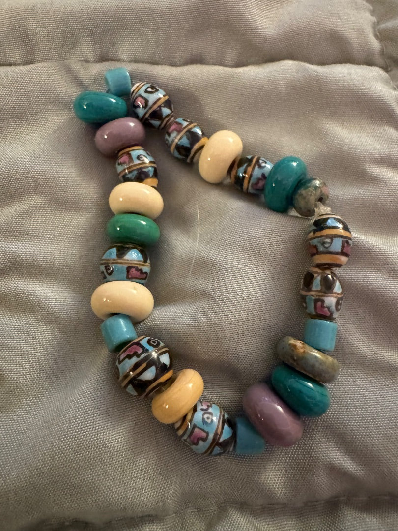 Green tan purple stretchy bracelet