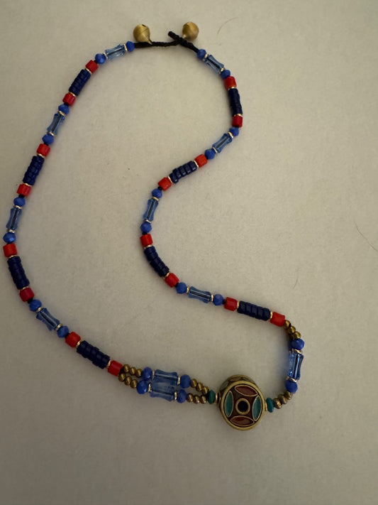 Red blue goldtone Nepal style necklace