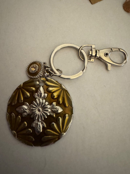 Bronze silvertone circle purse charm key chain