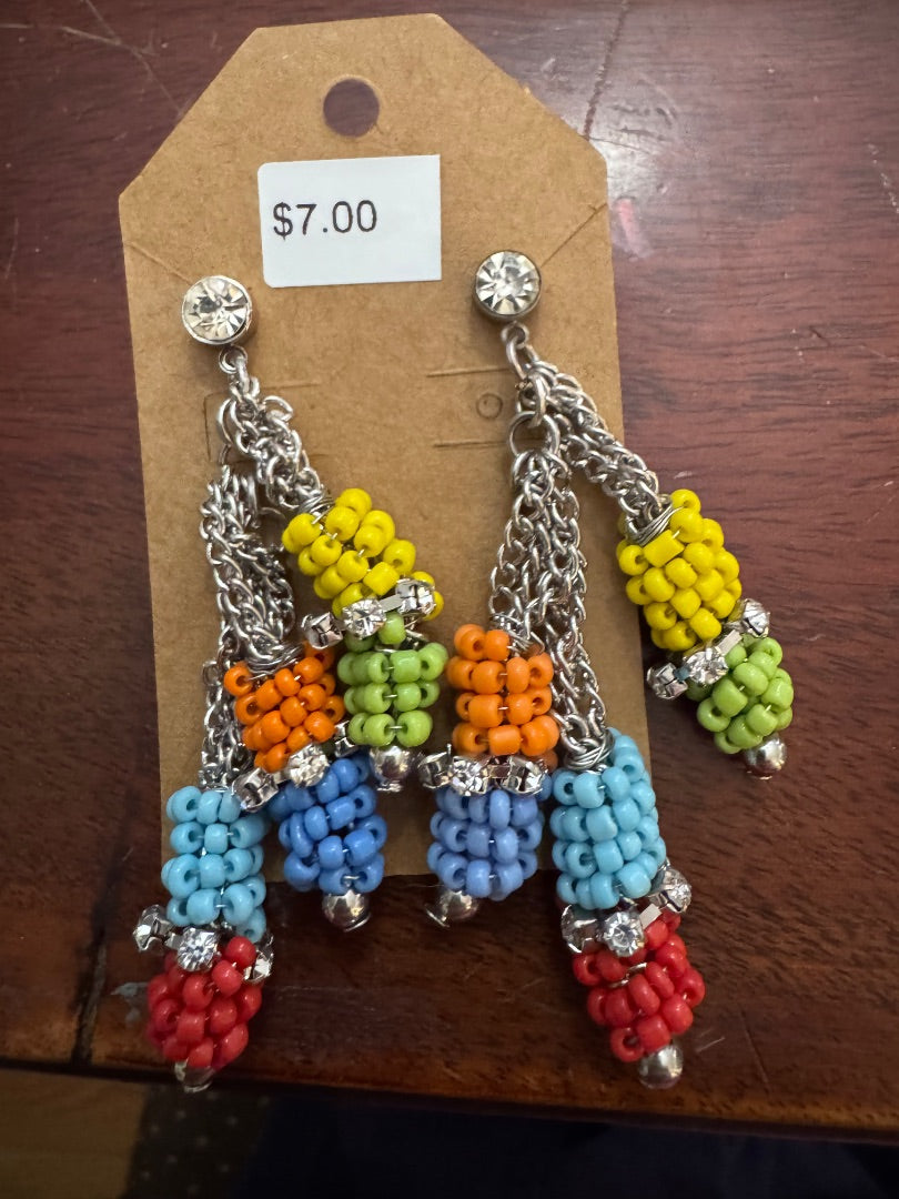 Cluster seed bead multi color dangle earrings