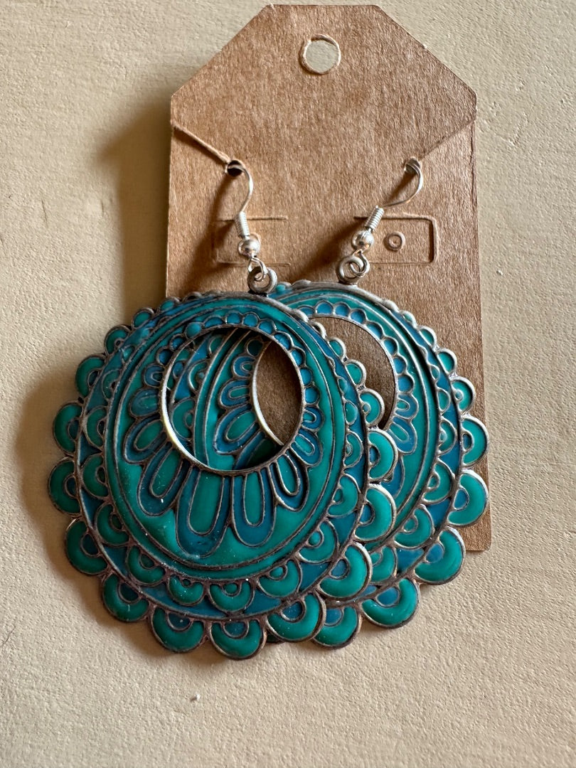 Green & goldtone circle metal dangle earrings