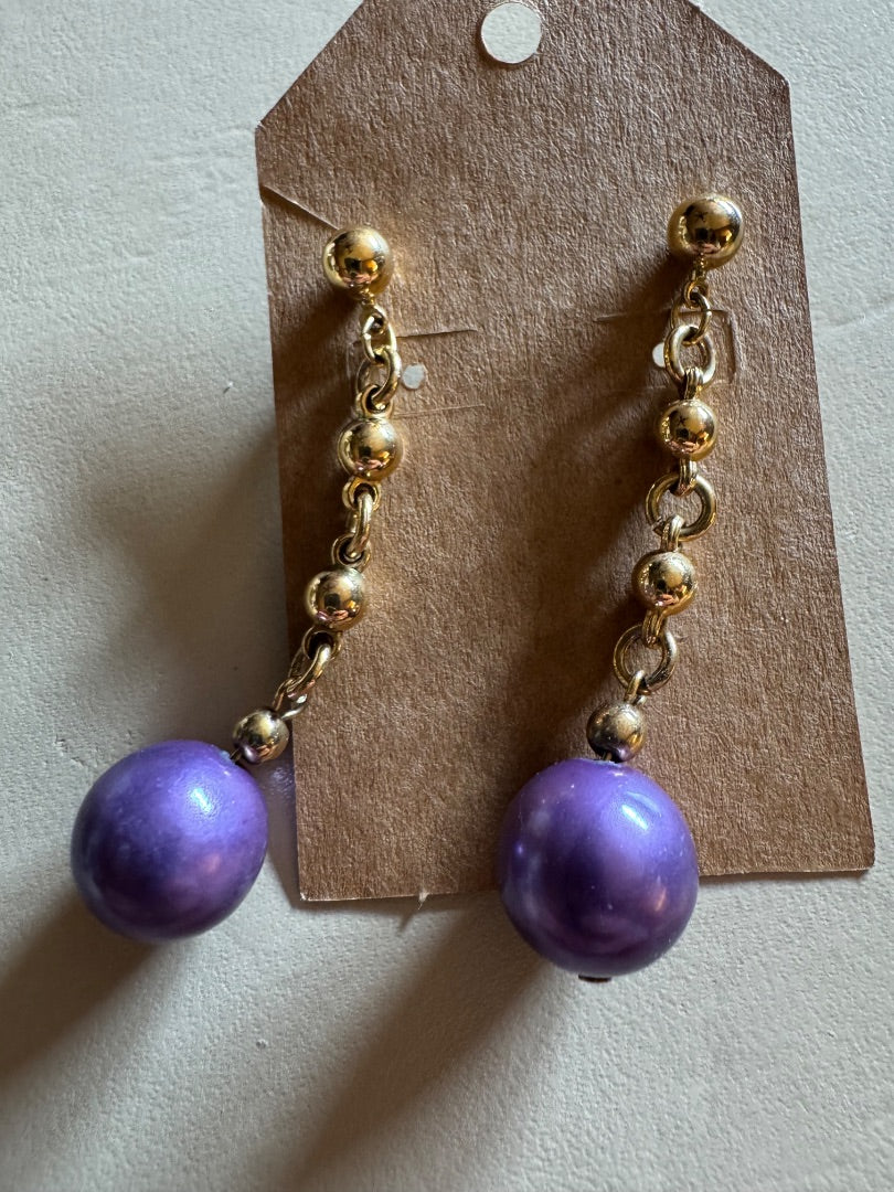 Purple ball goldtone chain earrings