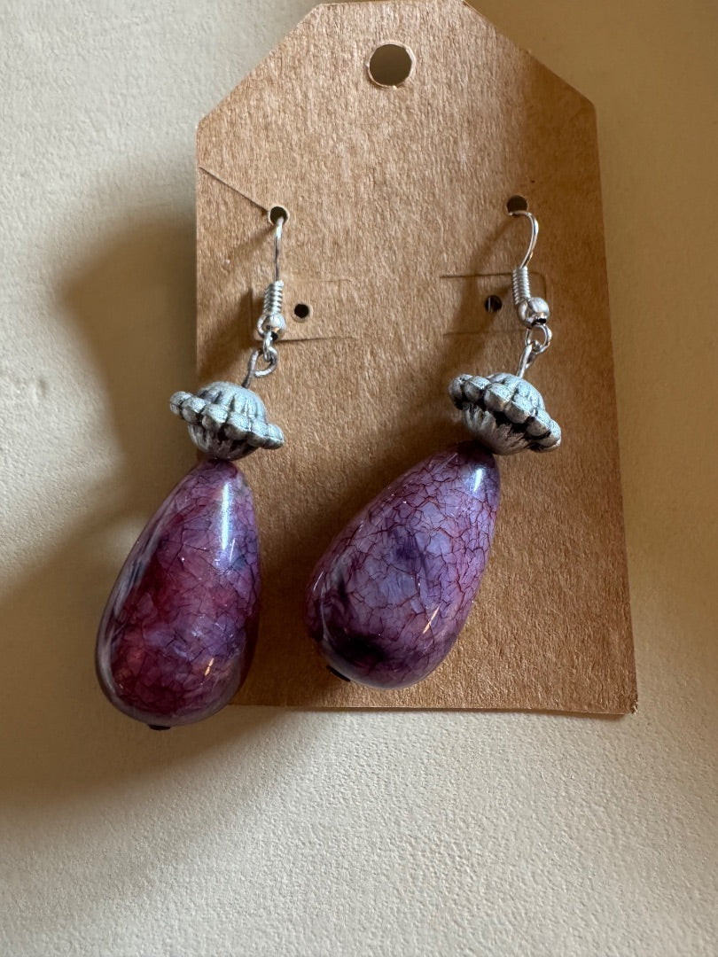 Purple teardrop silvertone dangle earring