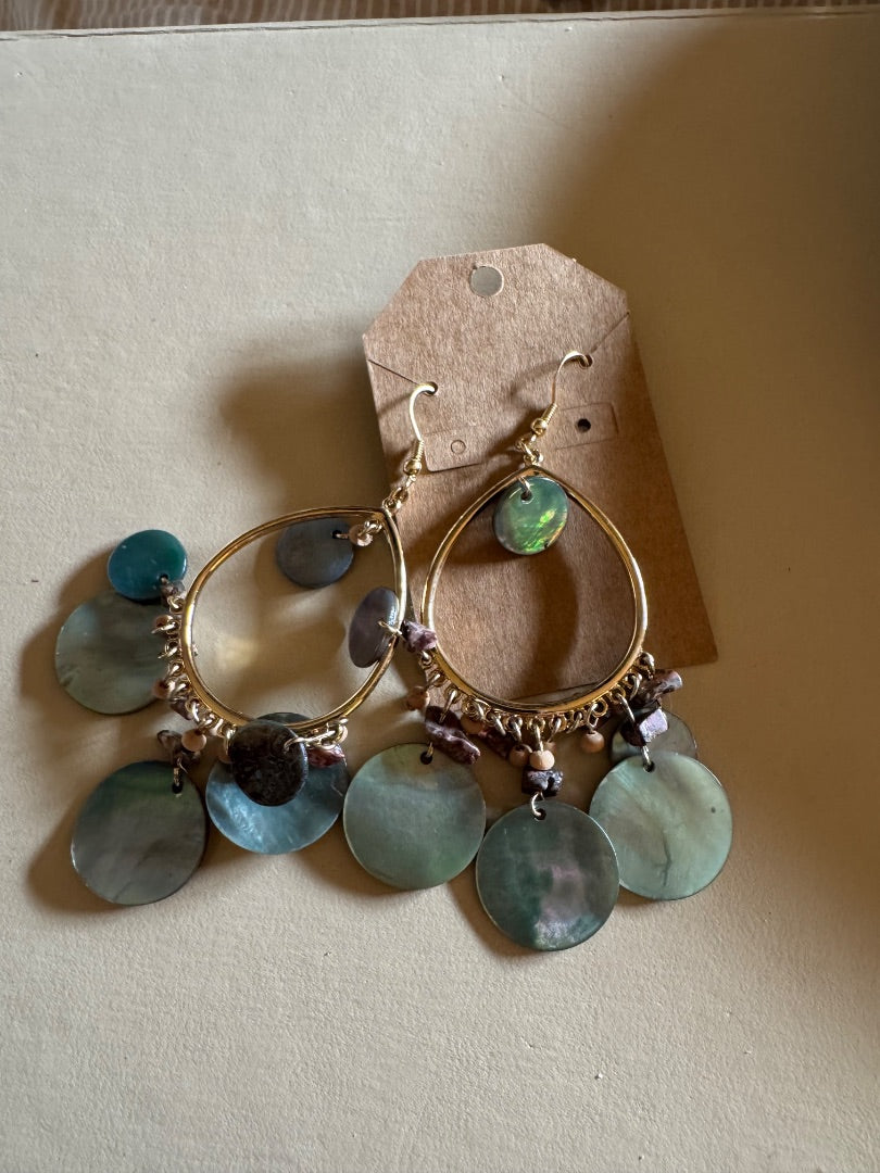 Drop goldtone hoops w/beads & fx shell