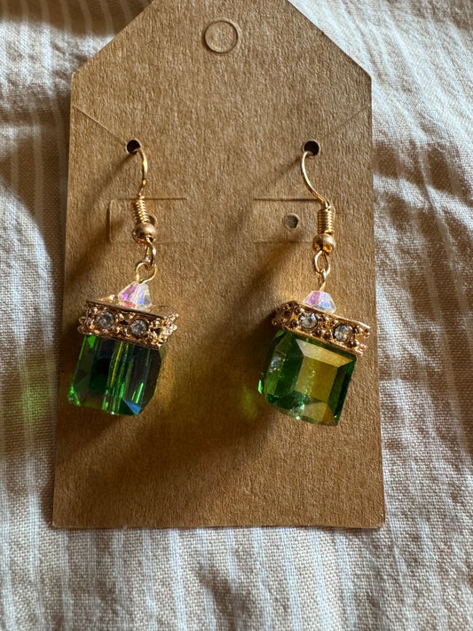 Green square gold tone dangle earrings