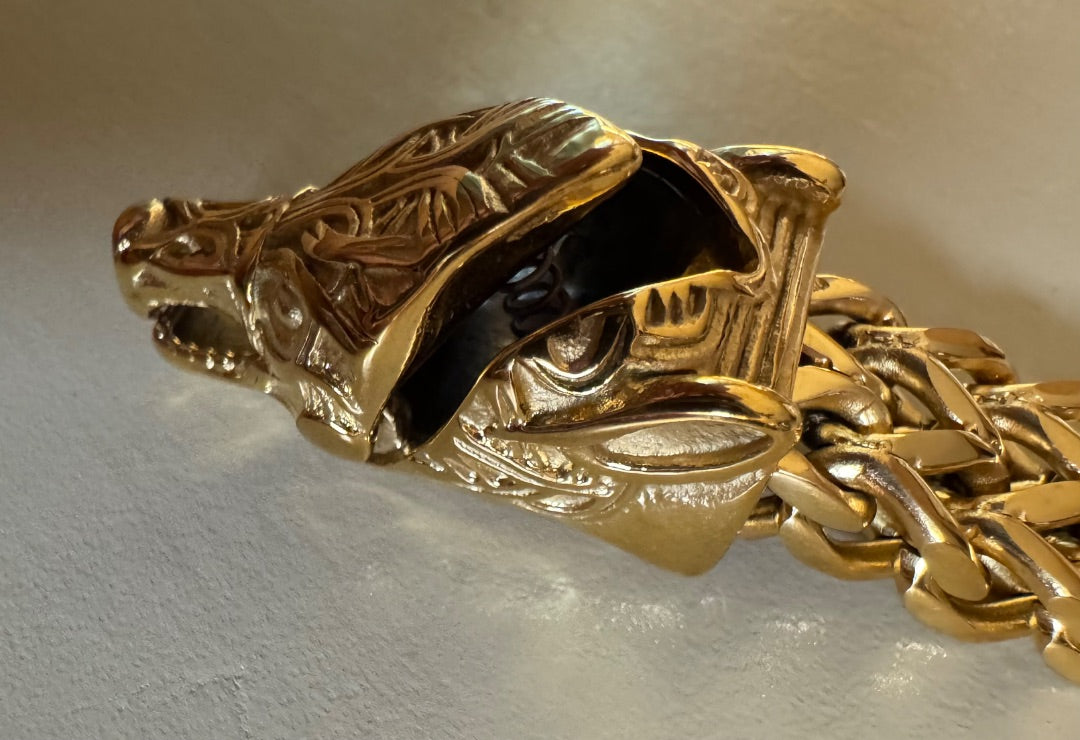 Wolf gold tone link bracelet