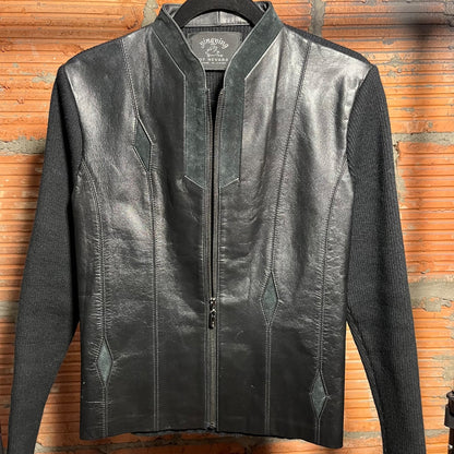 Leather and Ribbed Knit Jacket, L