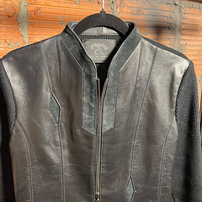 Leather and Ribbed Knit Jacket, L