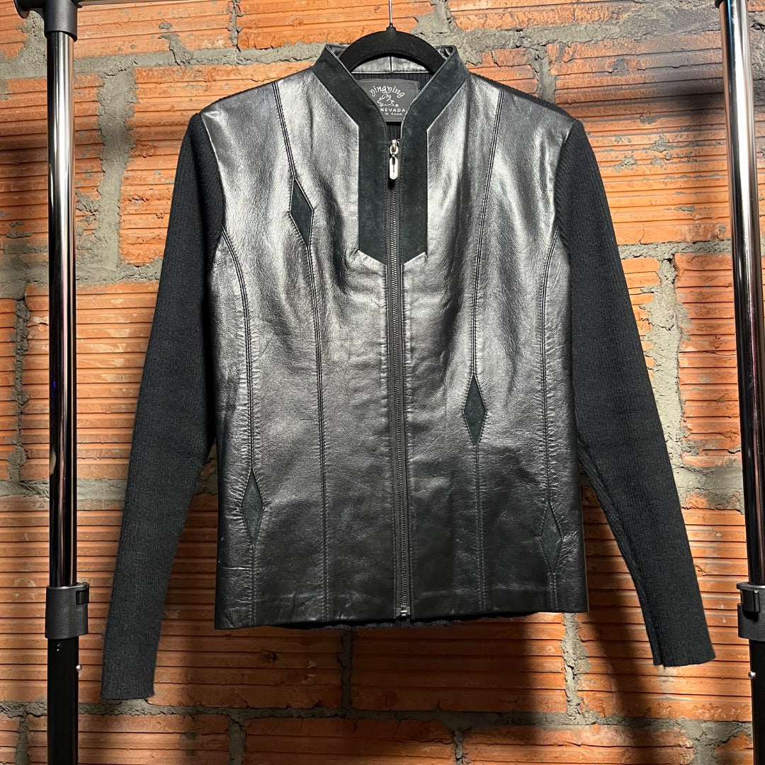 Leather and Ribbed Knit Jacket, L