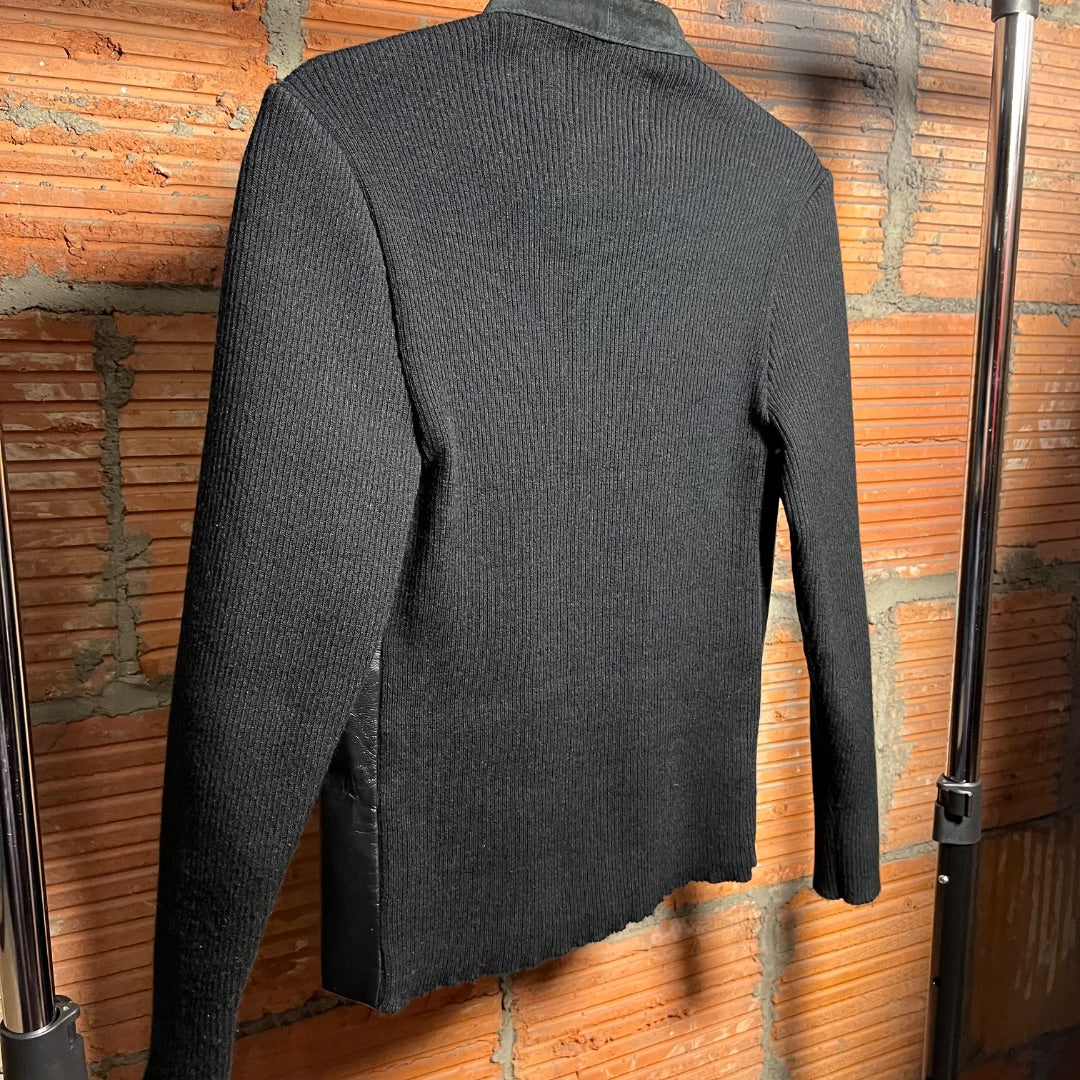 Leather and Ribbed Knit Jacket, L