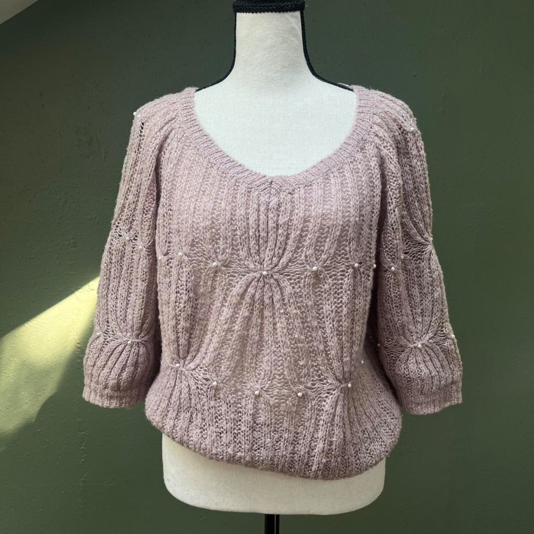 80s Crochet-Knit Pearl Top, M