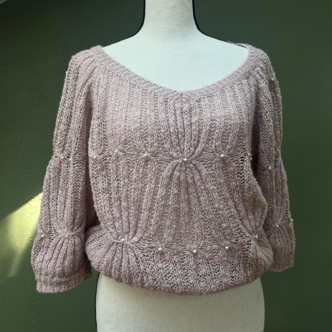 80s Crochet-Knit Pearl Top, M