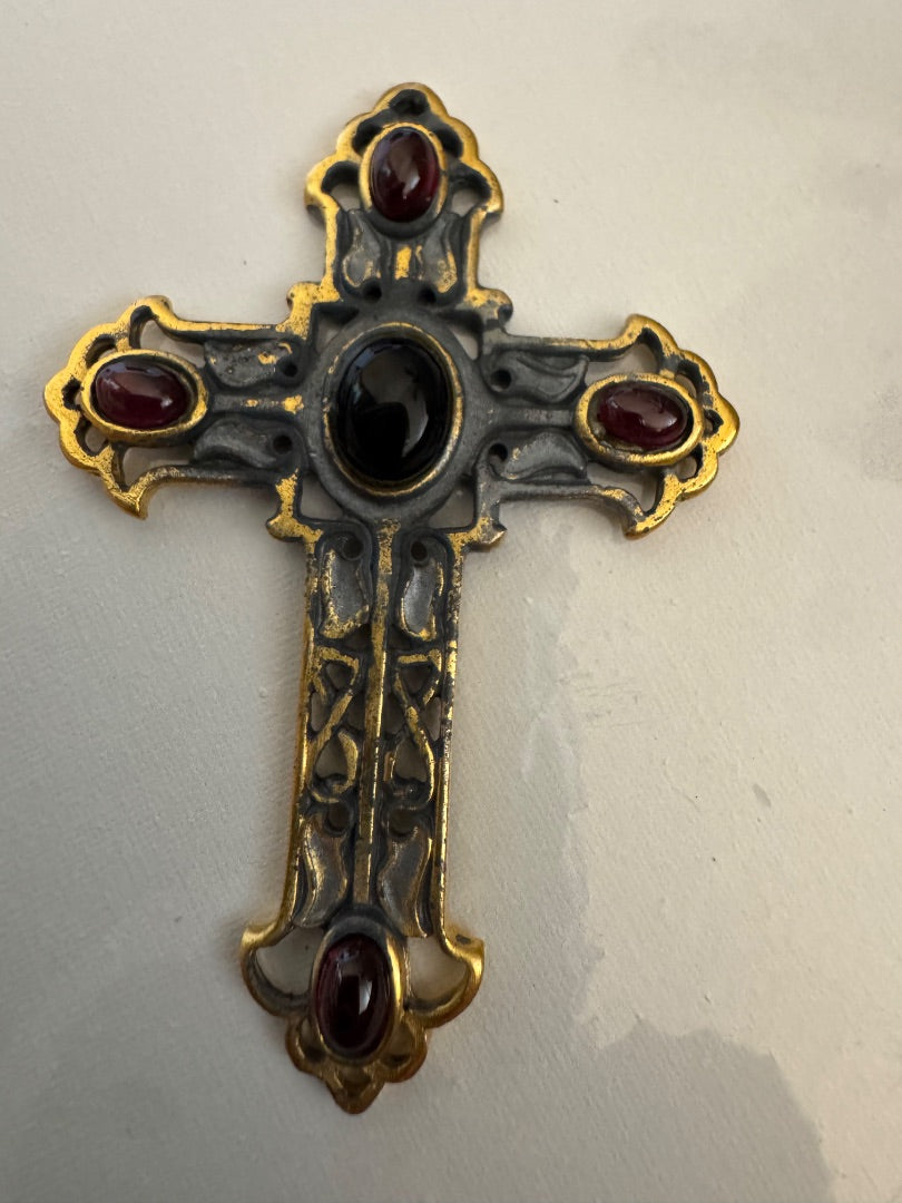 Goldtone red stone cross pendant