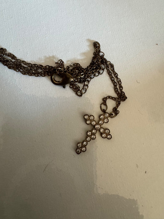 Brass rhinestone cross necklace