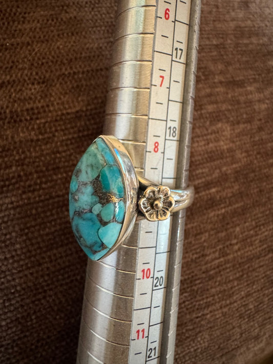Blue Copper Turq w/flower accents ring 9