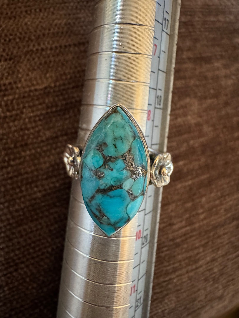 Blue Copper Turq w/flower accents ring 9