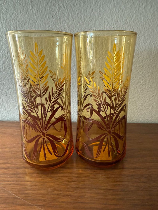 Set of 2 Libby Amber Wheat and Ribbon Drinking Glasses