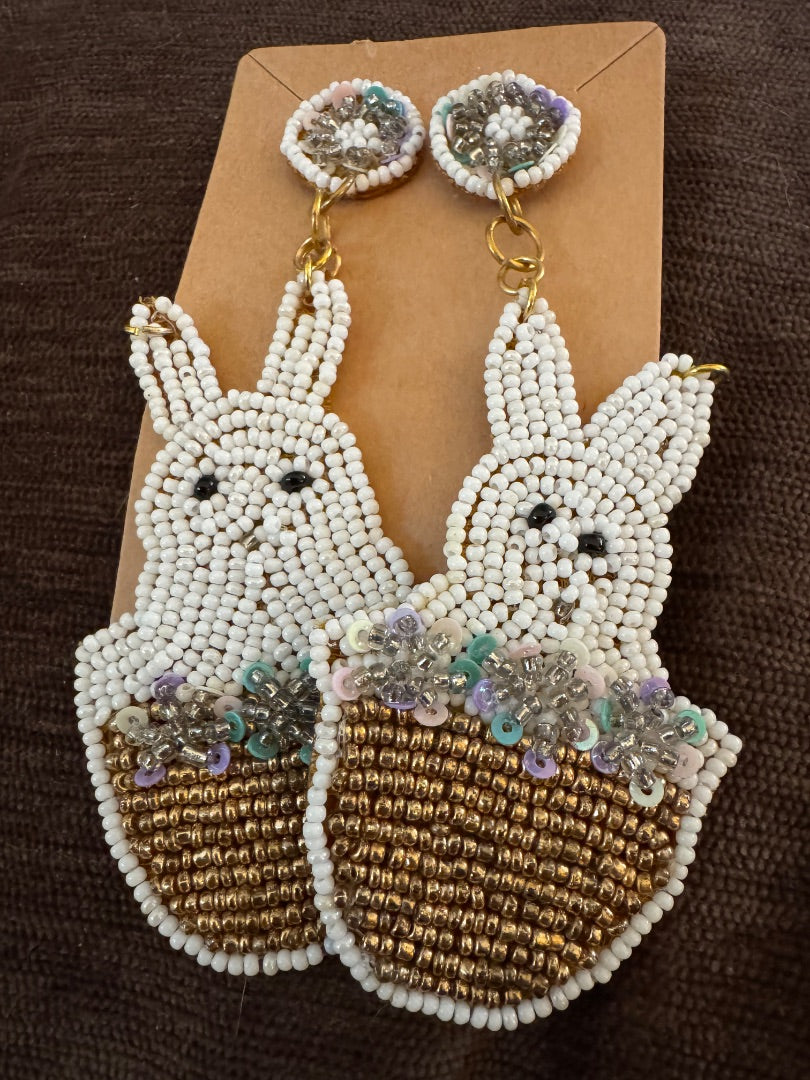 Easter beaded bunnies in egg earrings