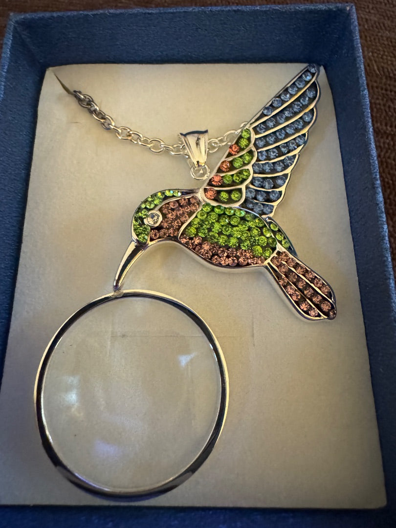 Rhinestone Hummingbird w/magnifying glass necklace