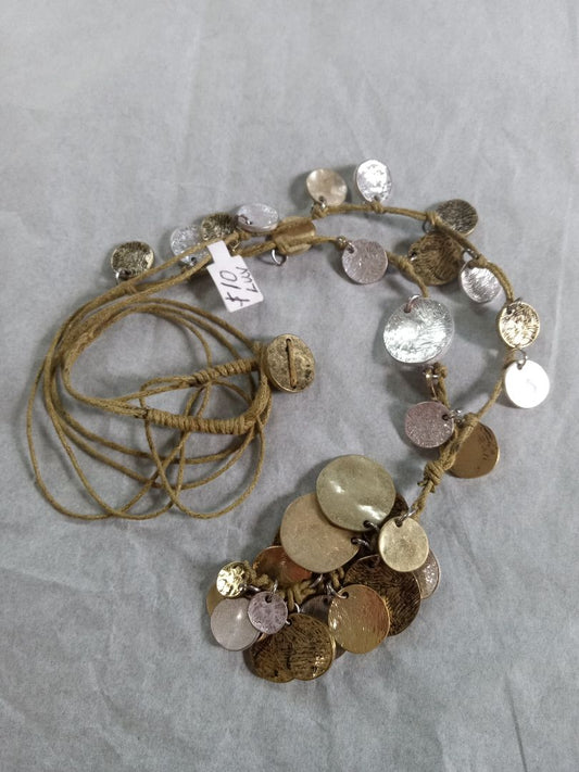 Green  Cord & metal disc necklace