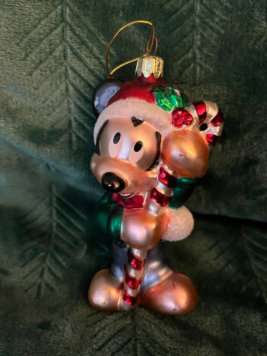 Disney Large blown glass mickey with Candy cane christmas ornament