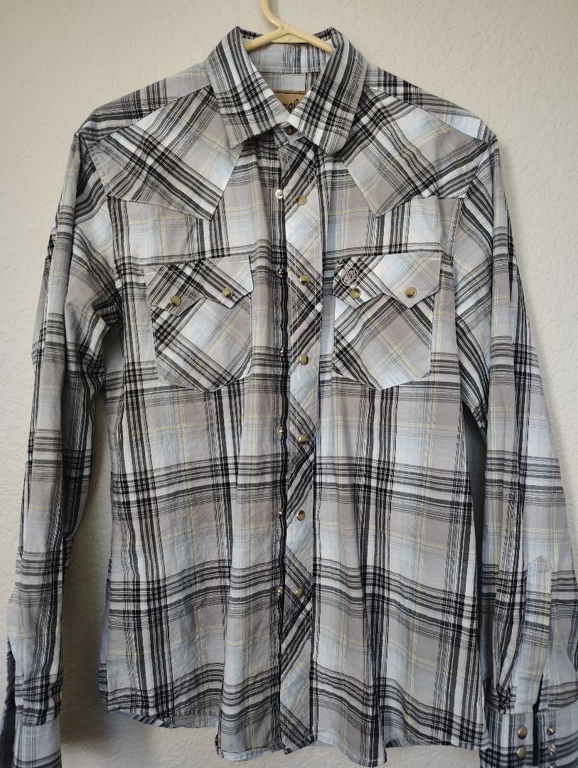 Grey multi plaid Wrangle Retro Snap Front Shirt Plaid Long Sleeve, large