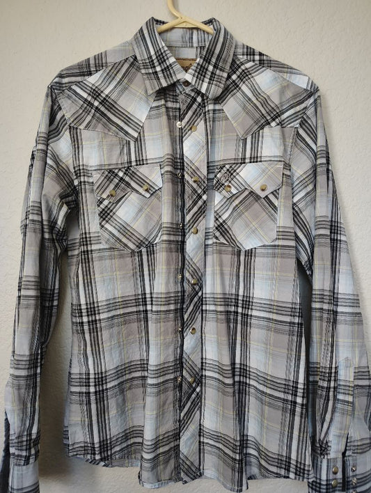 Grey multi plaid Wrangle Retro Snap Front Shirt Plaid Long Sleeve, large