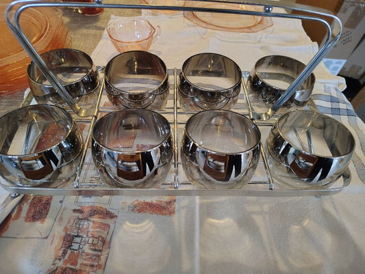 Dorothy Thorpe Style MCM Atomic Dorothy  Thorpe Style Silver Rocks, Likely Six ounce, Caddy is 16"l x 8.5" t x 8.5 w