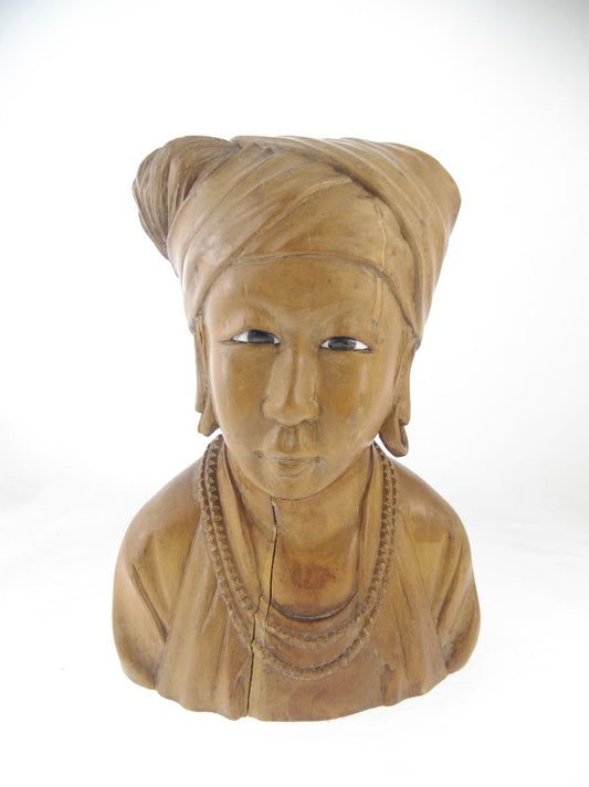 AS IS 7.75" Asian Woman Carved Wood Bust