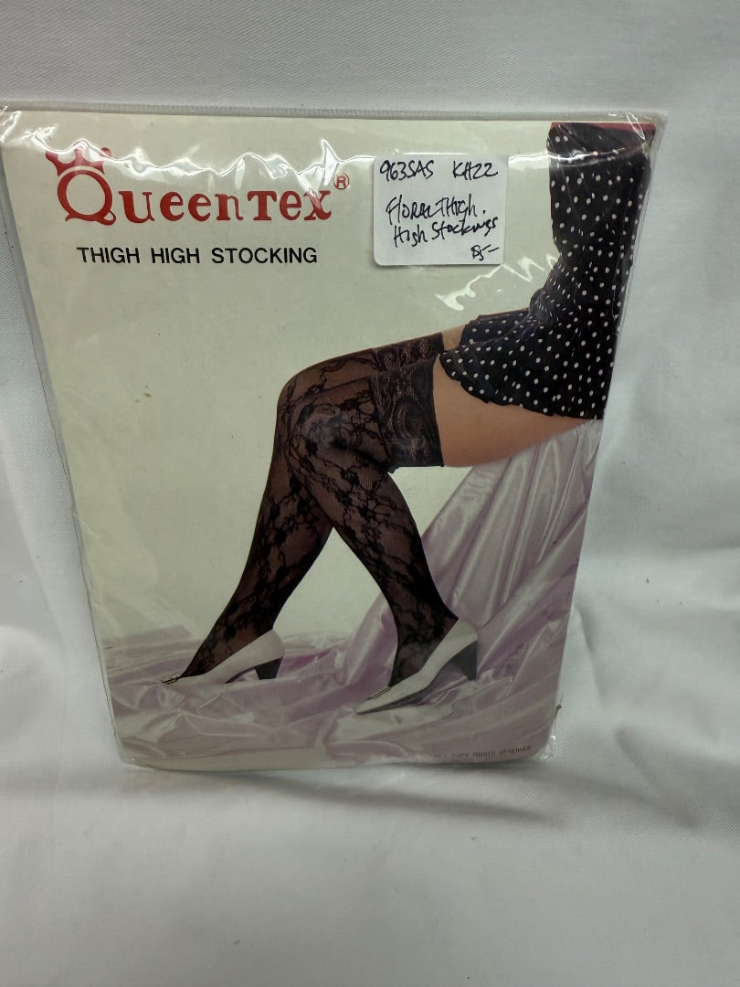 Black QueenTex Floral Thigh High Stockings, one size