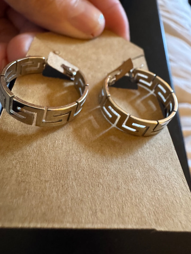 Greek key silvertone earrings