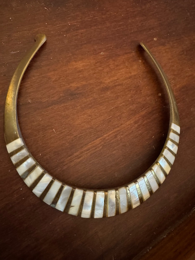 Vintage brass & mother of pearl collar necklace