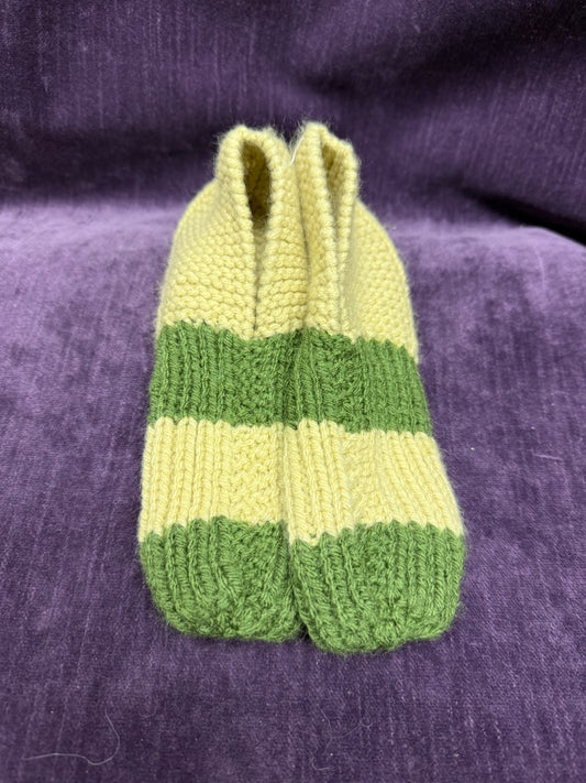 Tan/Grn Handmade Knitted slippers, 7”