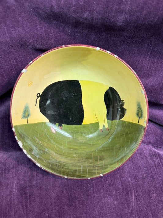 Crm/Multi Sarah Akin-Smith FolkArt Bowl w/Pig, 8"