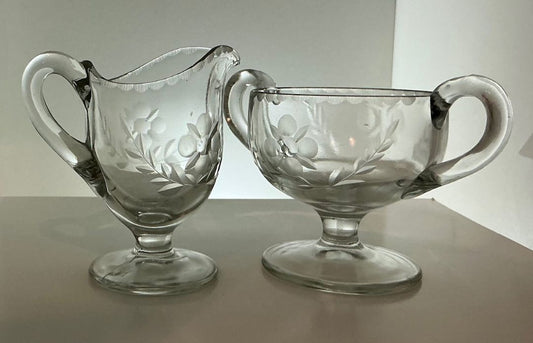 Clear  Creamer and open sugar bowl set Glass, Etched, 4" tall creamer, 3.25" tall sugar bowl