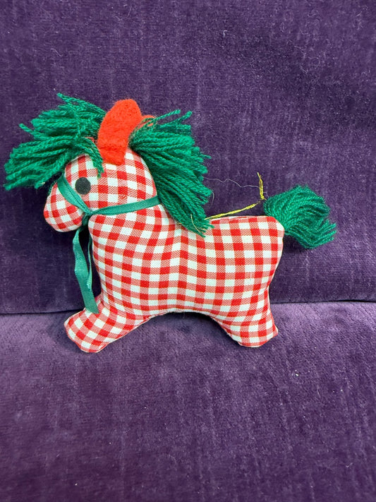 Rd/Wht Handmade VTG Gingham Horse, 4"